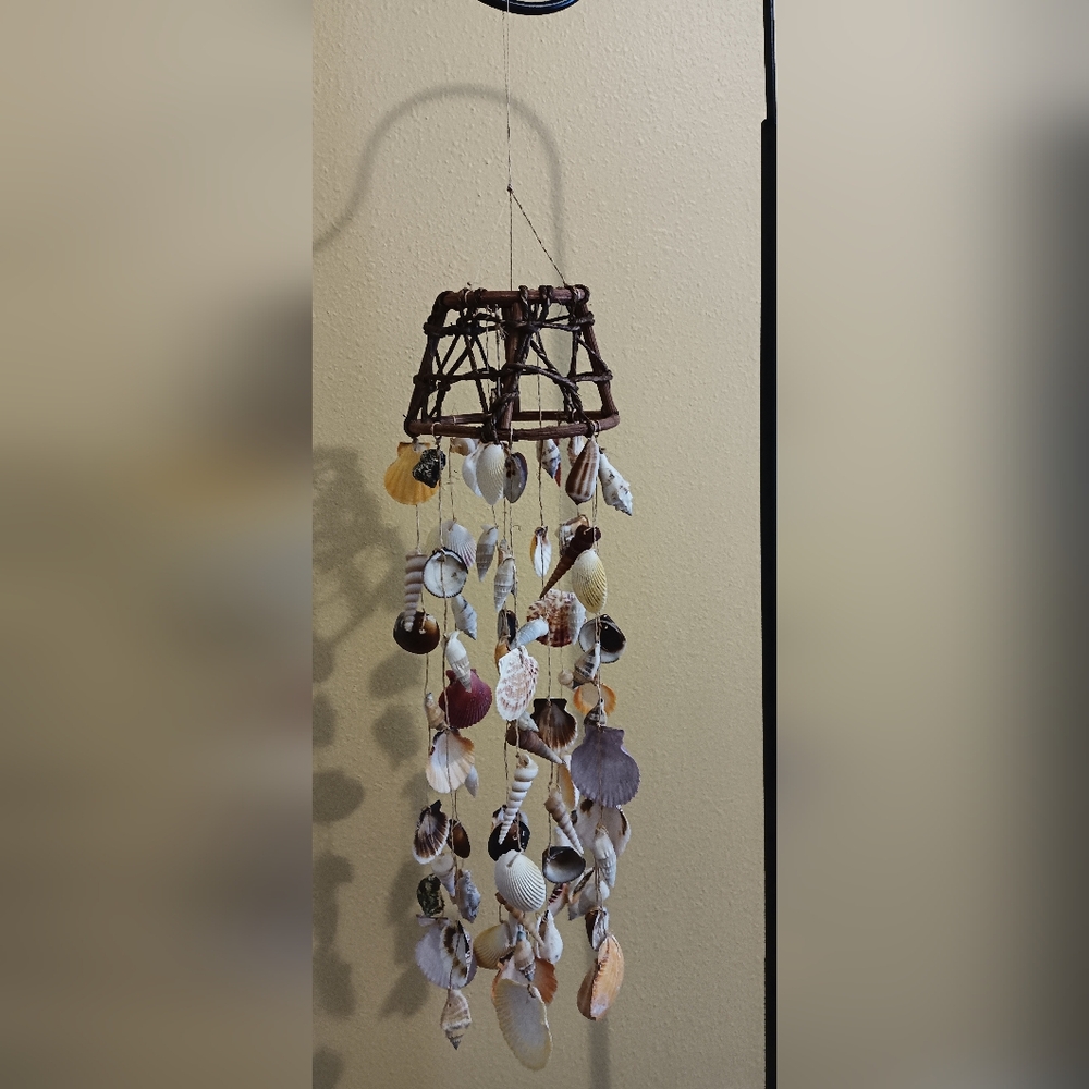 Natural Sea Shell Wind Chime Chandelier Woven Frame 28" Length Coastal Beach